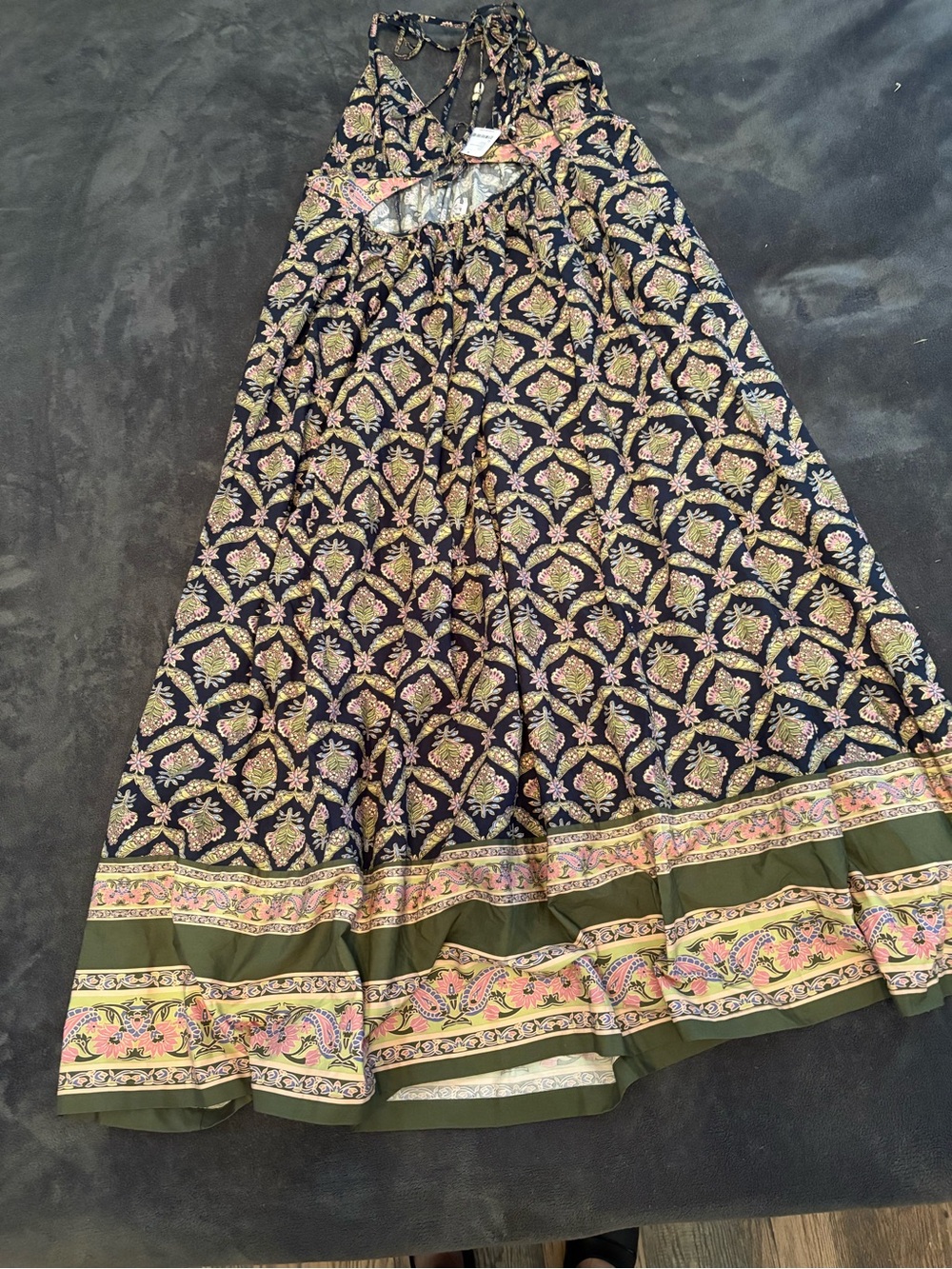 Free People Black Maxi Dress with Olive and Pink Paisley Print